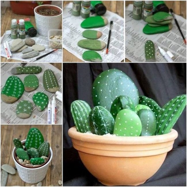 Pintar las piedras de cactus y plantarlas en una maceta.