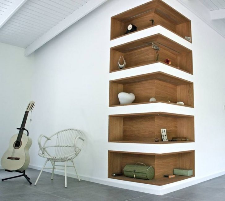 Corner shelves are an option to smooth corners and save space.