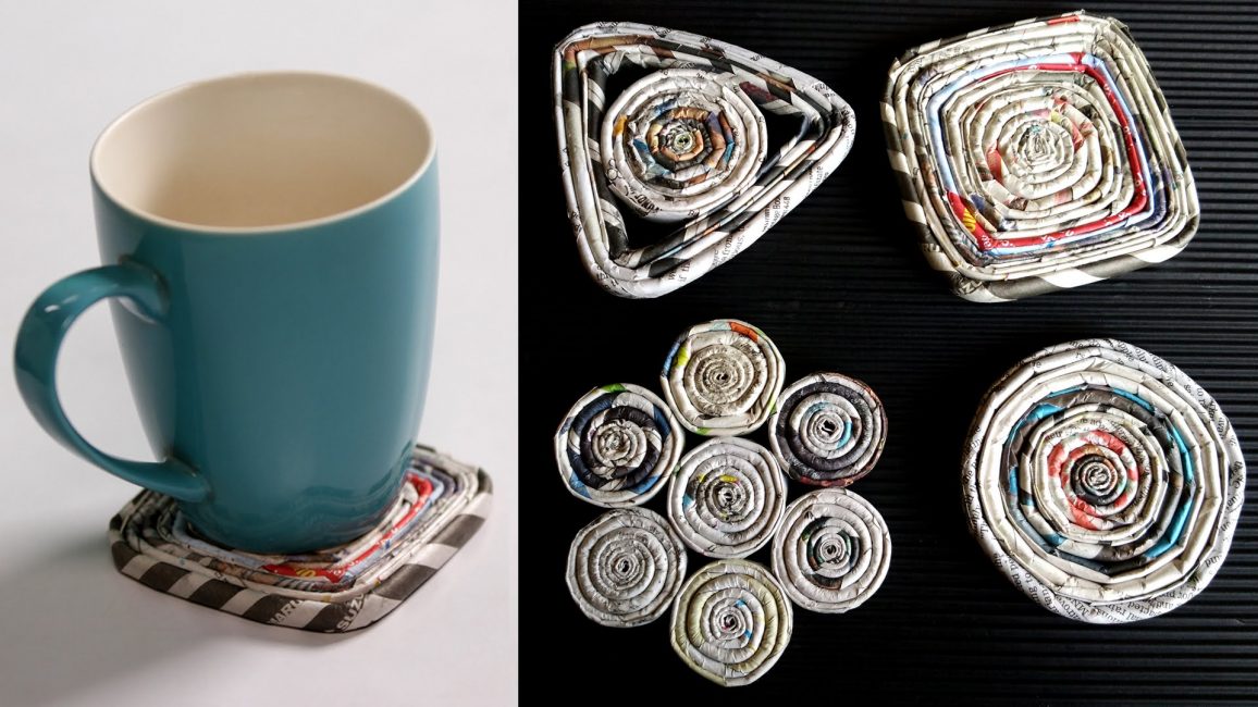 Stands for mugs are made in the technique of quilling from newspaper tubes