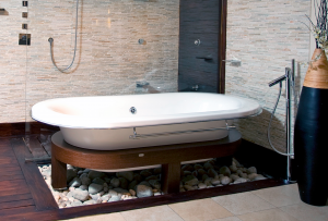 Διακόσμηση μπάνιου με τεχνητή πέτρα: νιπτήρας, πάγκος, ράφια. Χαρακτηριστικά χρήσης του υλικού