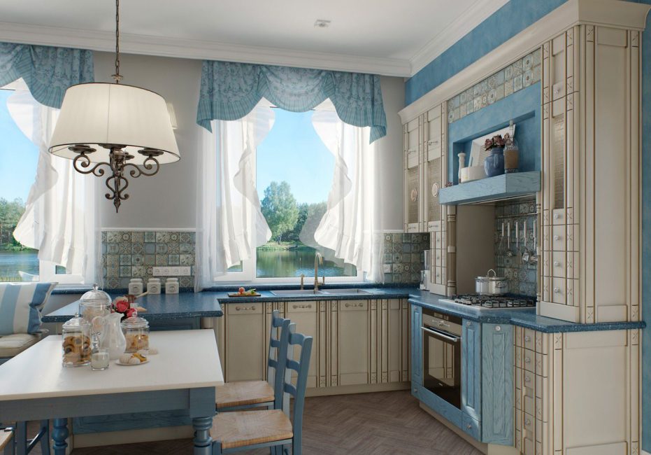For a wide kitchen it is better to make light walls and a ceiling.