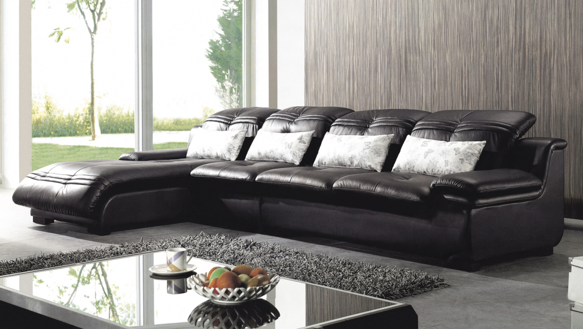 Dimensional, black leather sofa