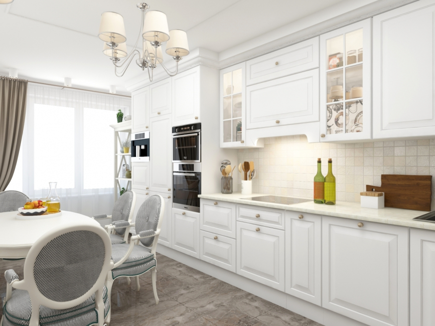 Klassieke klassieke rechte witte keuken met inbouwapparatuur