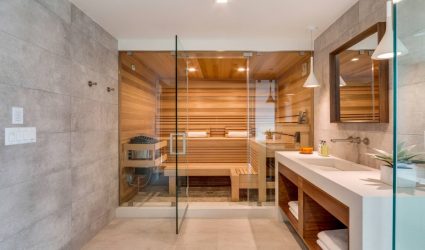 ห้องอาบน้ำพร้อมหลังคาสำหรับคนรักการพักผ่อนที่ดี: 230+ (ภาพ) โครงการ (จากบาร์พร้อมระเบียงและเฉลียง)
