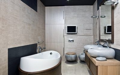 인공 석재가있는 욕실 장식 : 세면기, 조리대, 선반. 재료 사용의 특징