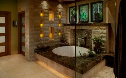 Decoración de baño con piedra artificial: lavabo, encimera, estanterías. Características de uso del material.