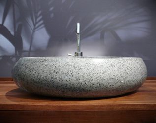 Bathroom decoration with artificial stone: washbasin, countertop, shelves. Features of use of material
