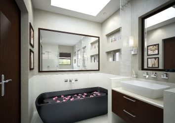 Badkamerdecoratie met kunststeen: wastafel, werkblad, planken. Kenmerken van materiaalgebruik