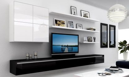 TV-hylla på väggen (295+ bilder): Design nyanser (gångjärn, hörn, glas)