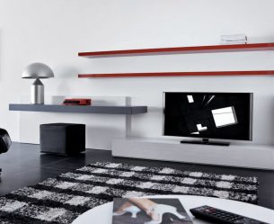 ТВ рафт на стената (295+ снимки): Дизайн нюанси (панти, ъгъл, стъкло)