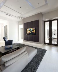 Plataforma de TV en la pared (295+ fotos): matices de diseño (con bisagras, esquinas, vidrios)