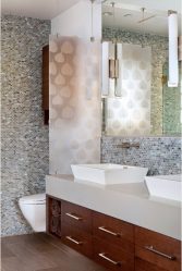 बाथरूम में पर्दे की पसंद: अपने डिजाइन (कपड़े, प्लास्टिक, कांच) के लिए 175+ (फोटो)