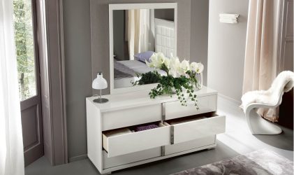 Caratteristiche Dresser bianco 200+ (foto) opzioni (lucido, con cassetti, senza maniglie)