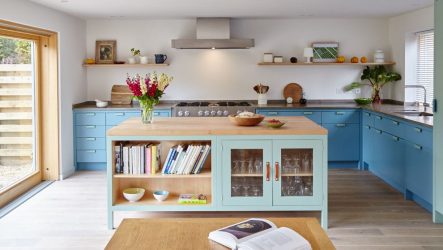 การออกแบบห้องครัวสีฟ้า: รูปแบบการติดต่ออะไร ภาพถ่ายของชุดค่าผสมภายในที่น่าทึ่งกว่า 170+ รูป