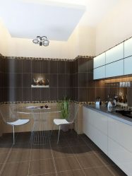 กระเบื้องห้องครัวบนพื้น: 150+ รูปถ่ายของความลับของการออกแบบที่สวยงาม