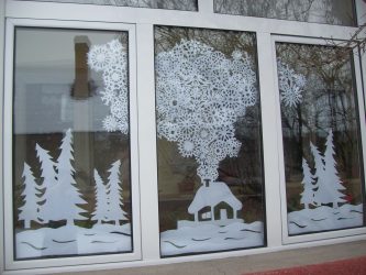 Как да направите декорации на прозорците на хартия със собствените си ръце? (150+ снимки). Прекрасно срещаме новата Година на кучетата 2018 година